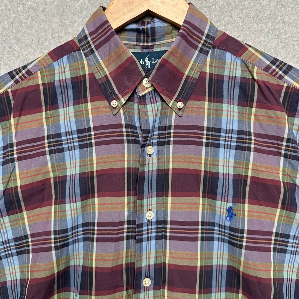 Polo Ralph Lauren Mens 16 L Classic Fit Plaid Button Down Shirt Burgundy Blue LS